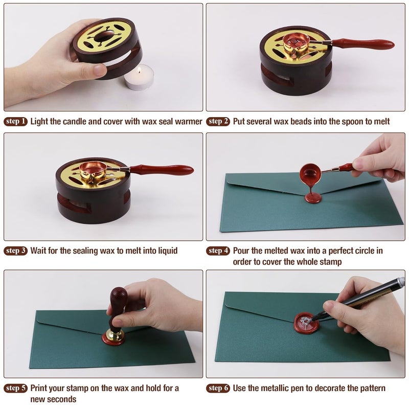 TRINIDa Wax Seal Kit, Premium Wax Seal Stamp Kit with 24 Colors 624 Pcs Beads, Metallic Pens, Warmer, Spoon and Tea Candles for Wedding Invitation, Letter Envelope, Gift Cards & DIY Crafts - Image 3
